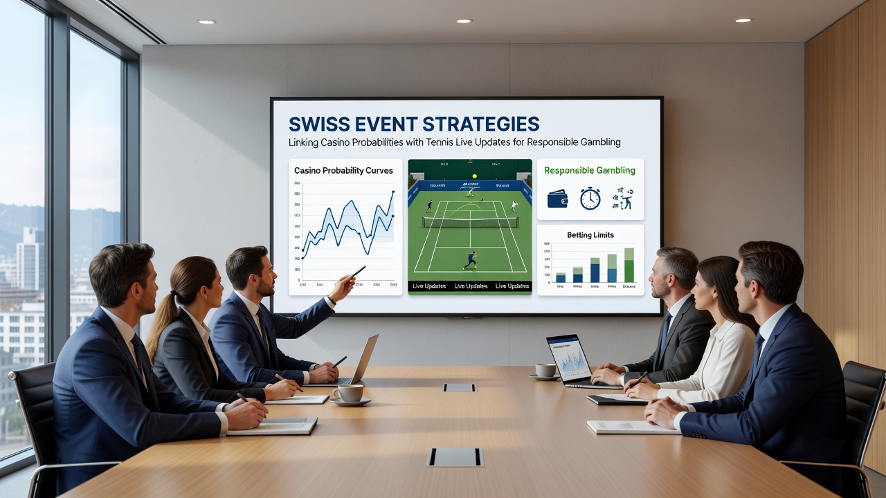 Illustration of real-time data dashboards showing tennis statistics alongside casino probability simulations used by Swiss football bettors